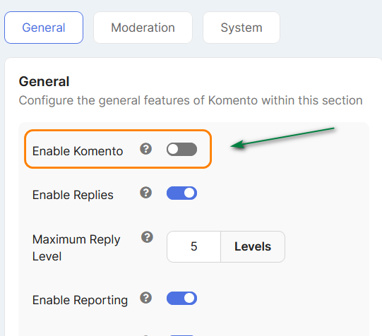 V4 komento general settings disable